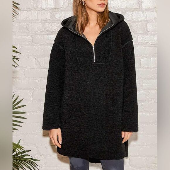 NEW Lulus Let's Make It Cozy Black Teddy Quarter Zip Hooded Tunic Jacket, Medium - Picture 8 of 8